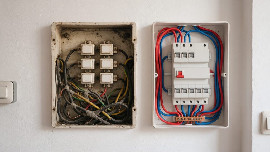 Ilustración generada con IA: cuadro eléctrico antiguo junto a uno moderno con diferencial