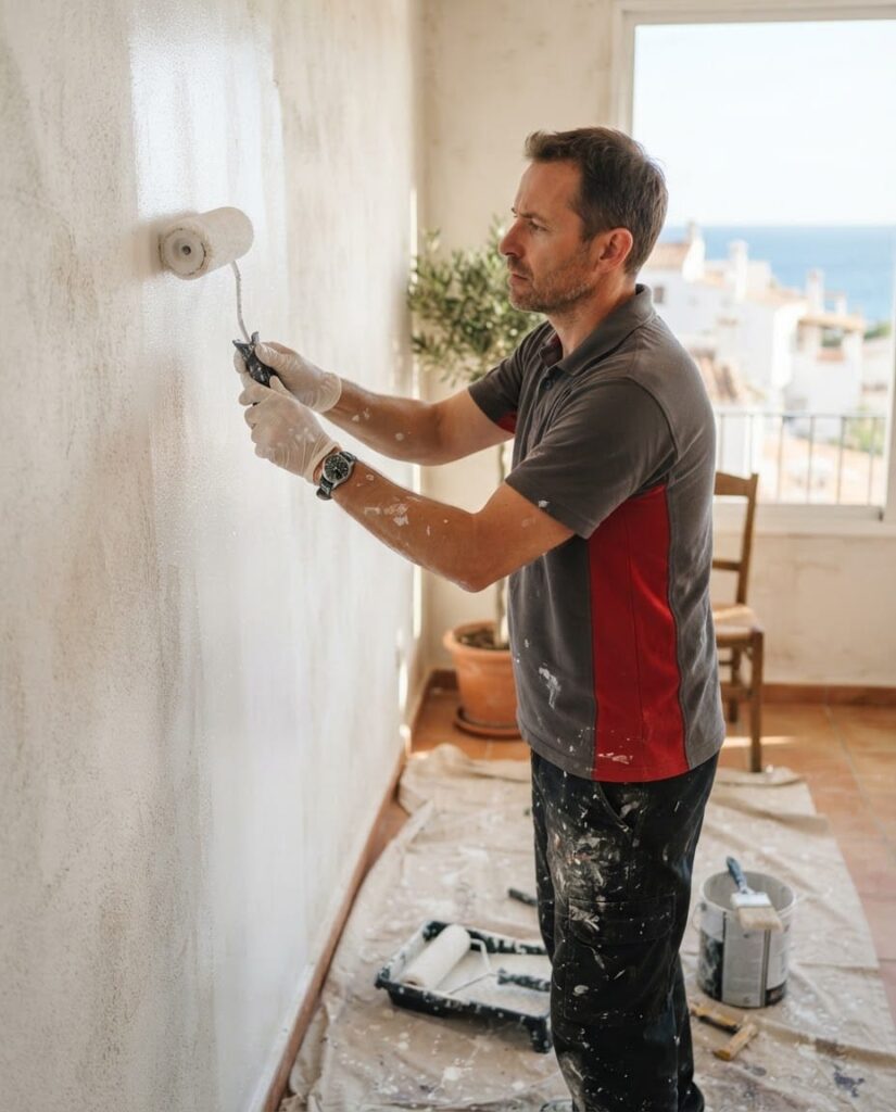 Ilustración generada con IA: Pintor pintando una pared de blanco