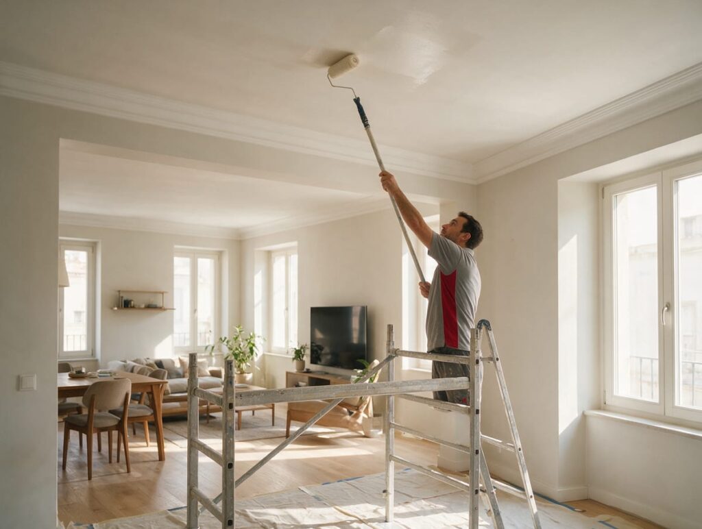 Ilustración generada con IA: Pintor pintando el techo de una vivienda reformada