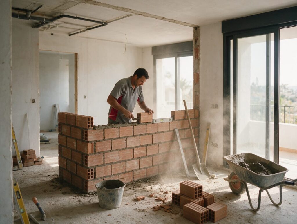 Ilustración generada con IA: albañil levantando un tabique de ladrillo en una vivienda en obras