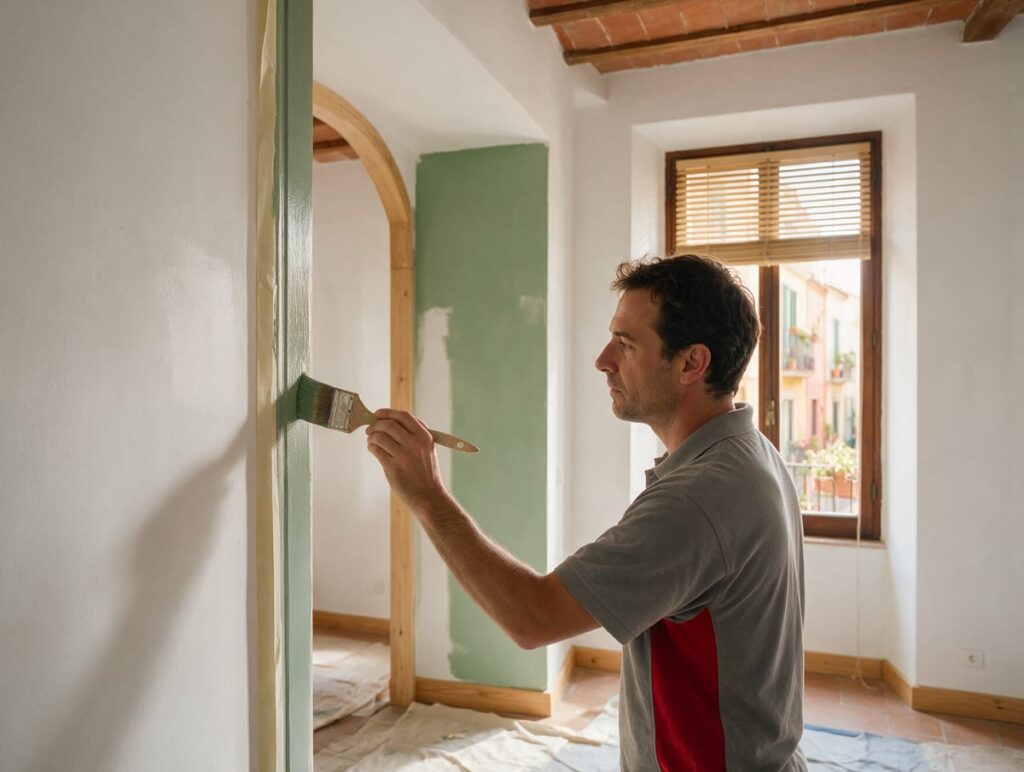 Ilustración generada con IA: pintor perfilando con pincel el marco de una puerta junto a una pared verde