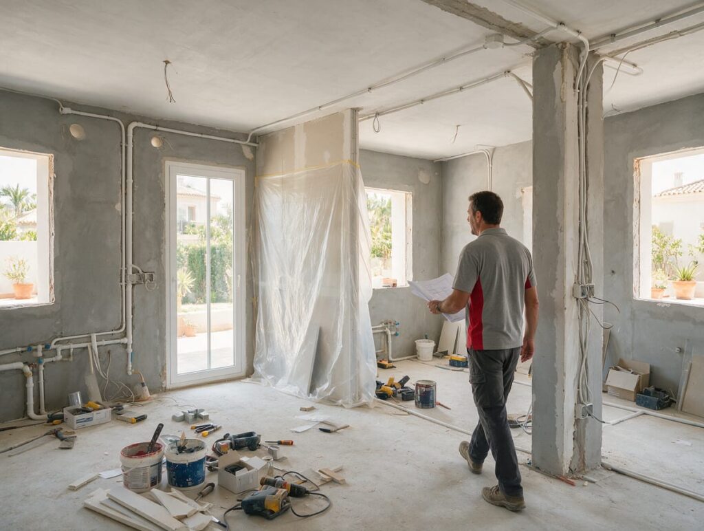 Ilustración generada con IA: encargado revisando una vivienda en plena reforma integral