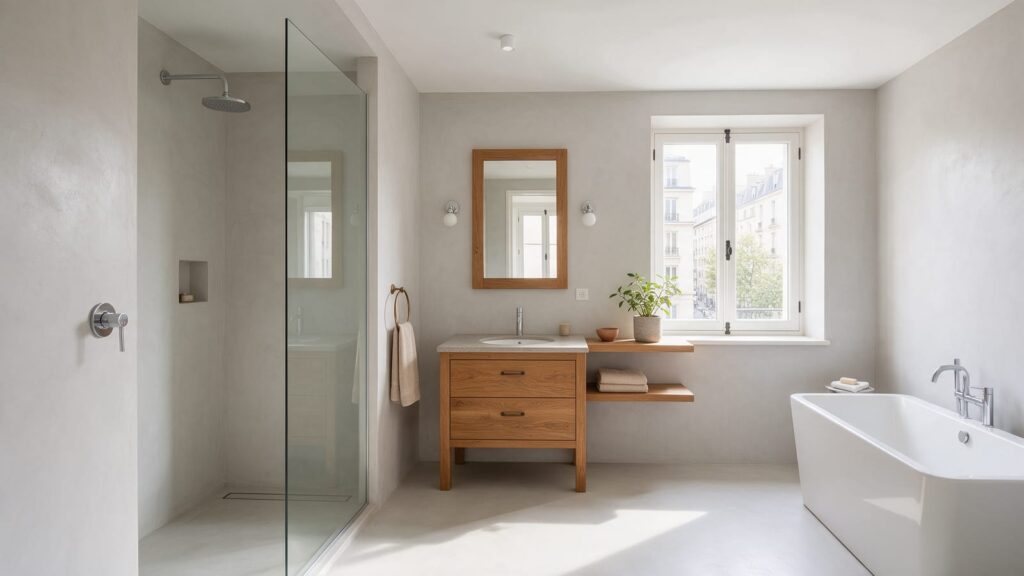 Ilustración generada con IA: Baño reformado con ducha de obra