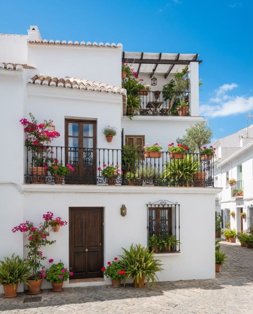 Ilustración generada con IA: Fachada de casa andaluza rehabilitada